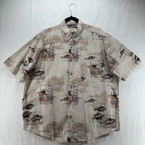 Crossings Button Down Shirt Mens L Short Sleeve Casual Coastal Fish Print Brown
